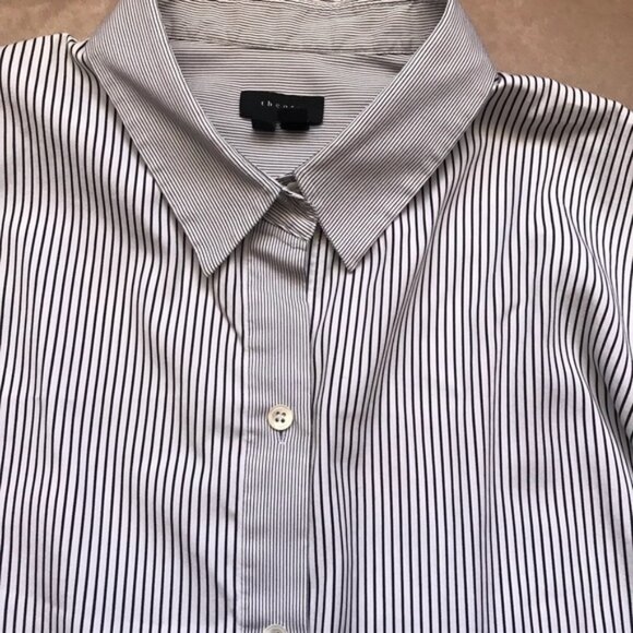 Theory Vertical Stripes Cotton Button Down Shirt Collar Pearly Buttons L - Picture 2 of 6